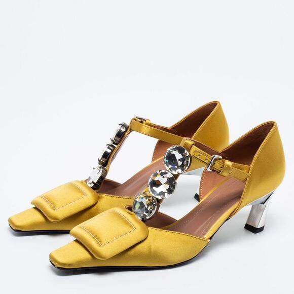 Marni Yellow Satin Crystal Embellished T-Bar Pumps Size 36 - Picture 2 of 4